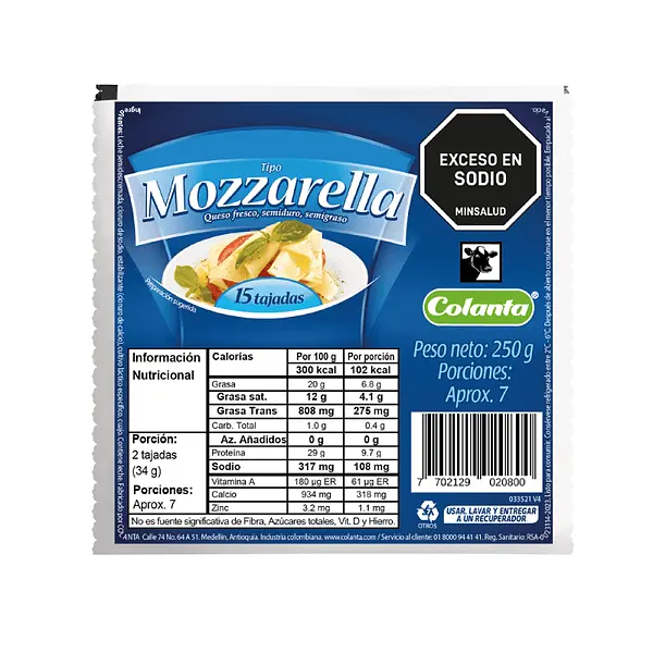 Queso Mozarella Tajado Colanta x 250 g
